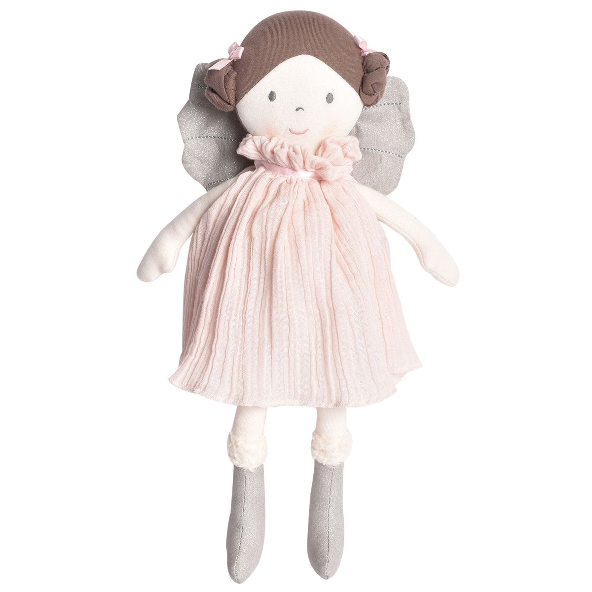 Poupée fée en peluche en robe rose avec ailes argentées