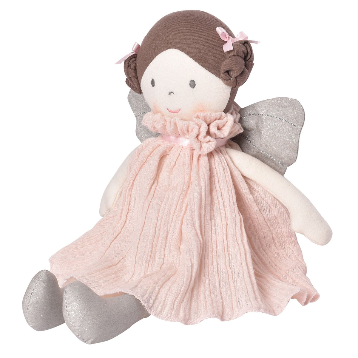 Poupée fée en peluche en robe rose avec ailes argentées