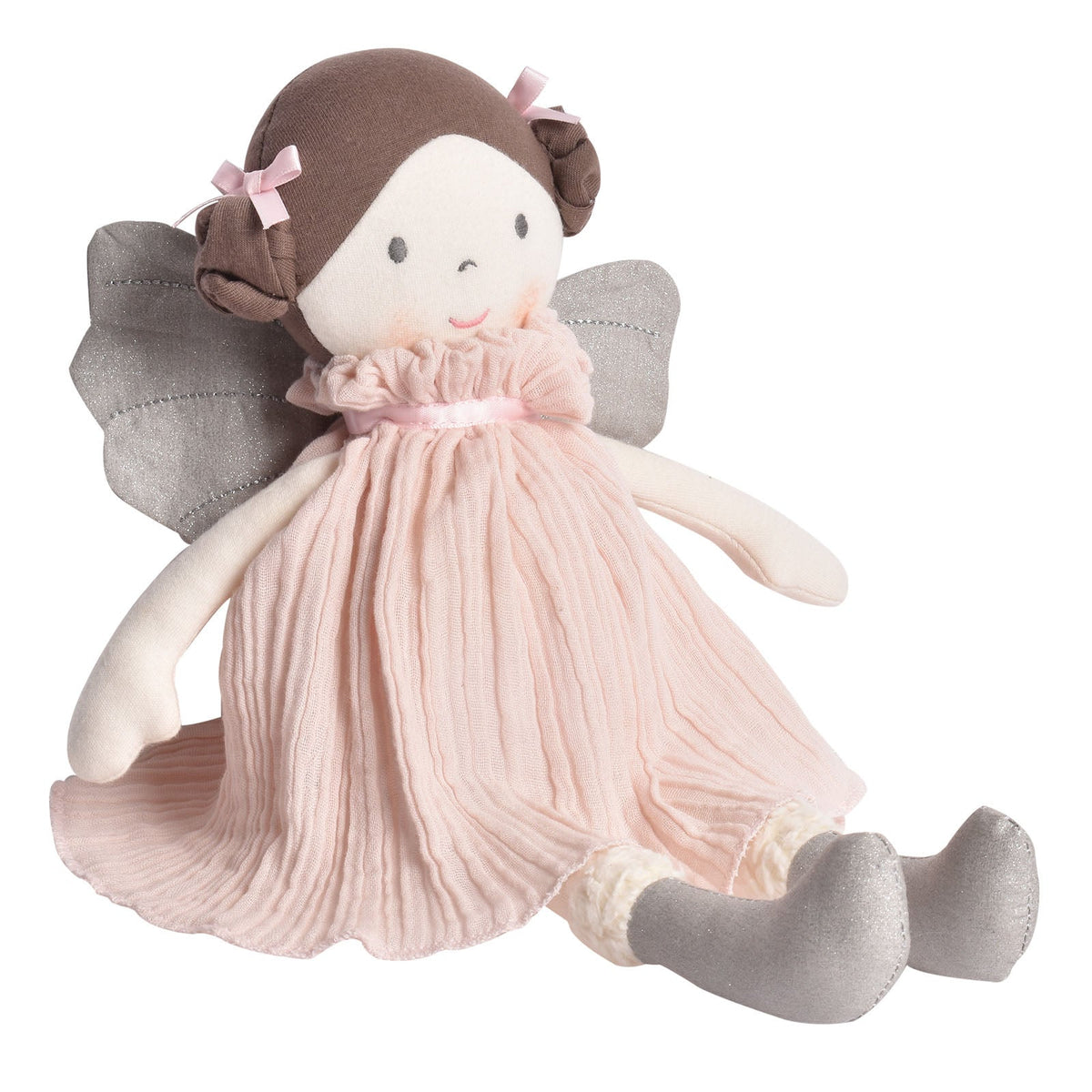 Poupée fée en peluche en robe rose avec ailes argentées