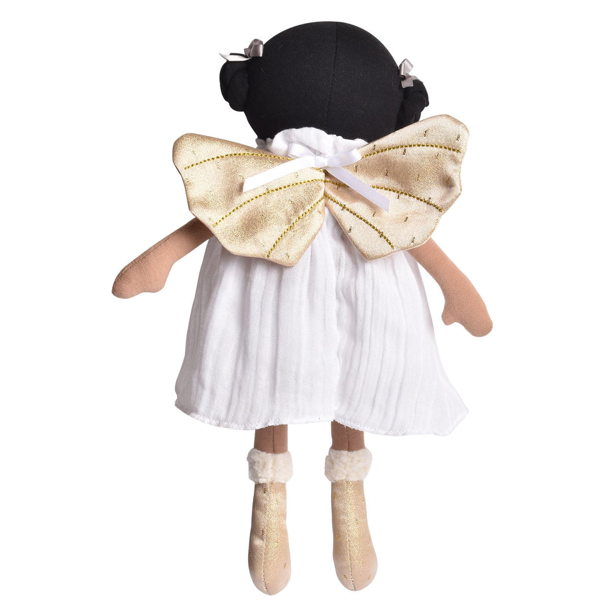 Poupée fée en robe de coton biologique blanc avec ailes dorées