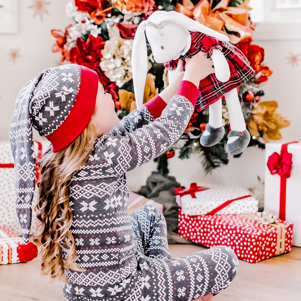 Soft Bunny Toy in Holiday Plaid Dress