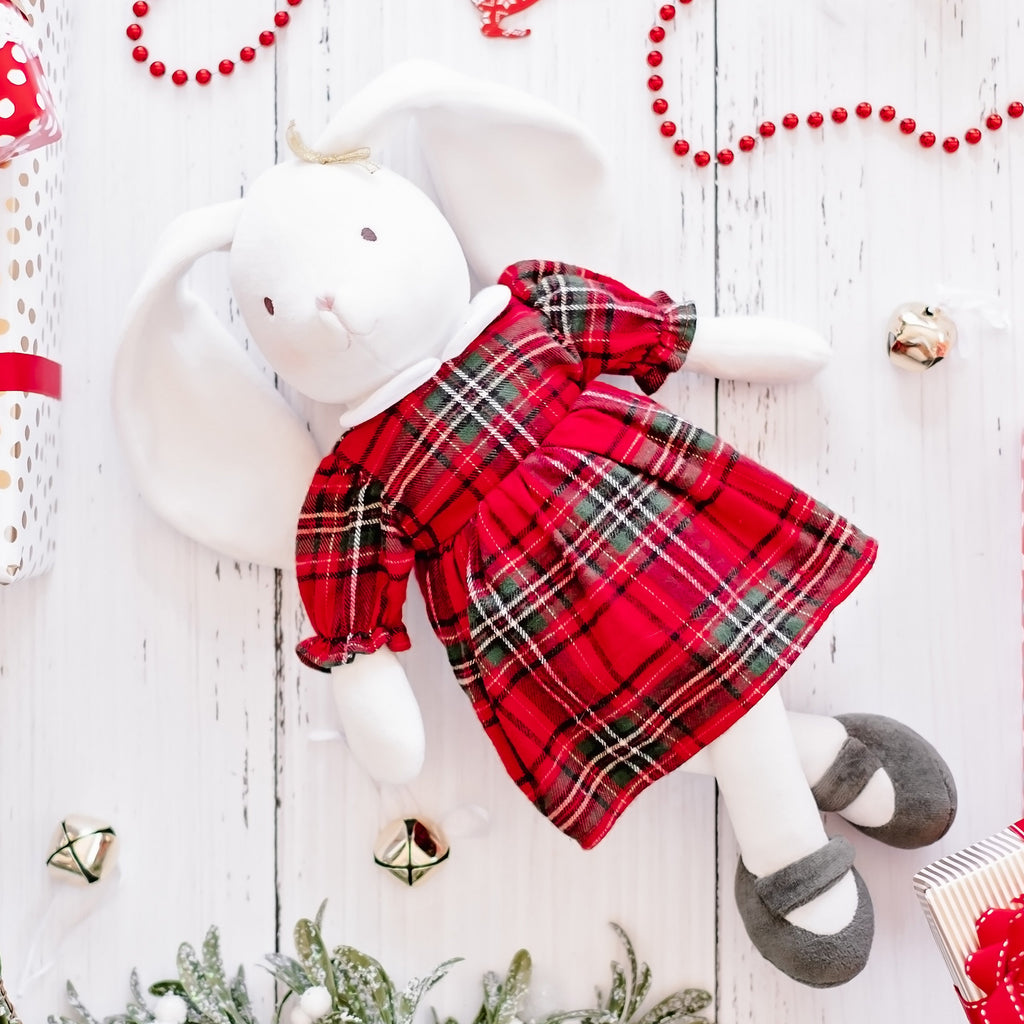 Soft Bunny Toy in Holiday Plaid Dress