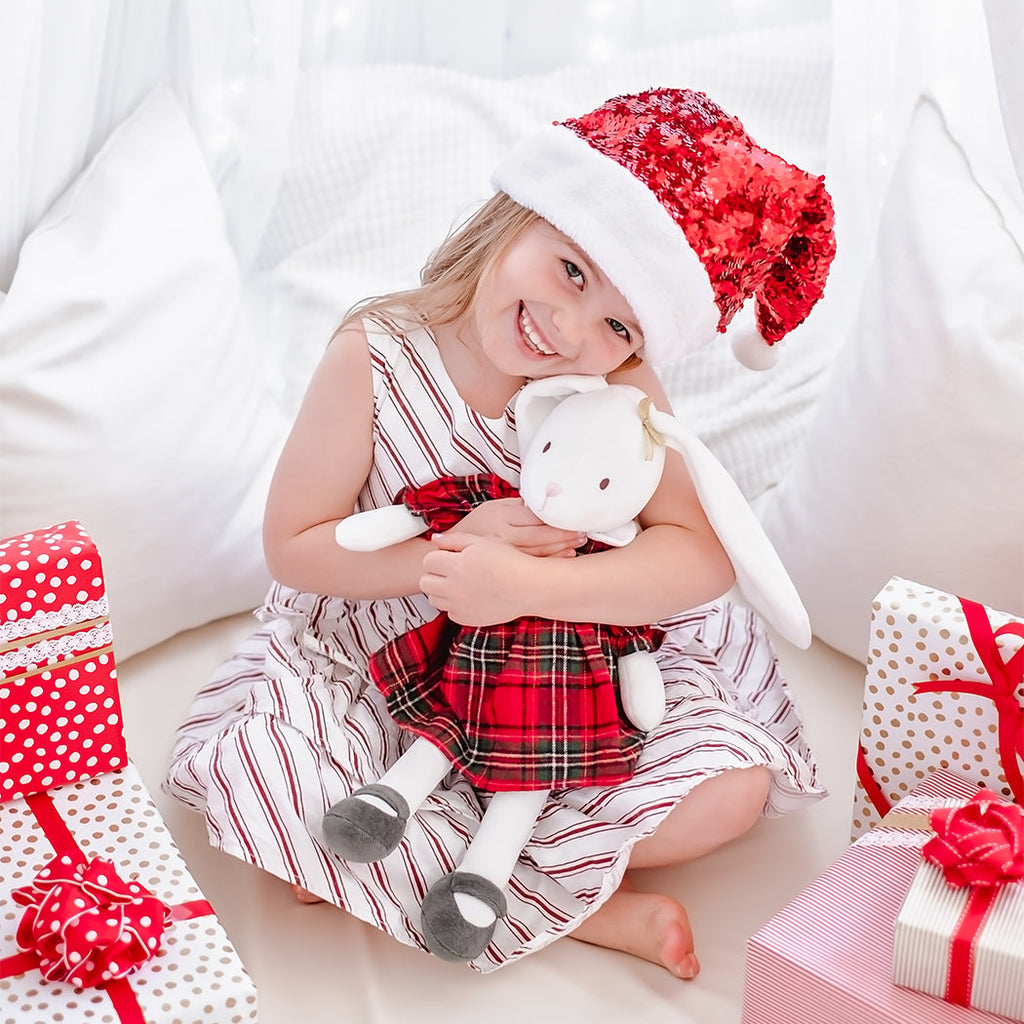 Soft Bunny Toy in Holiday Plaid Dress