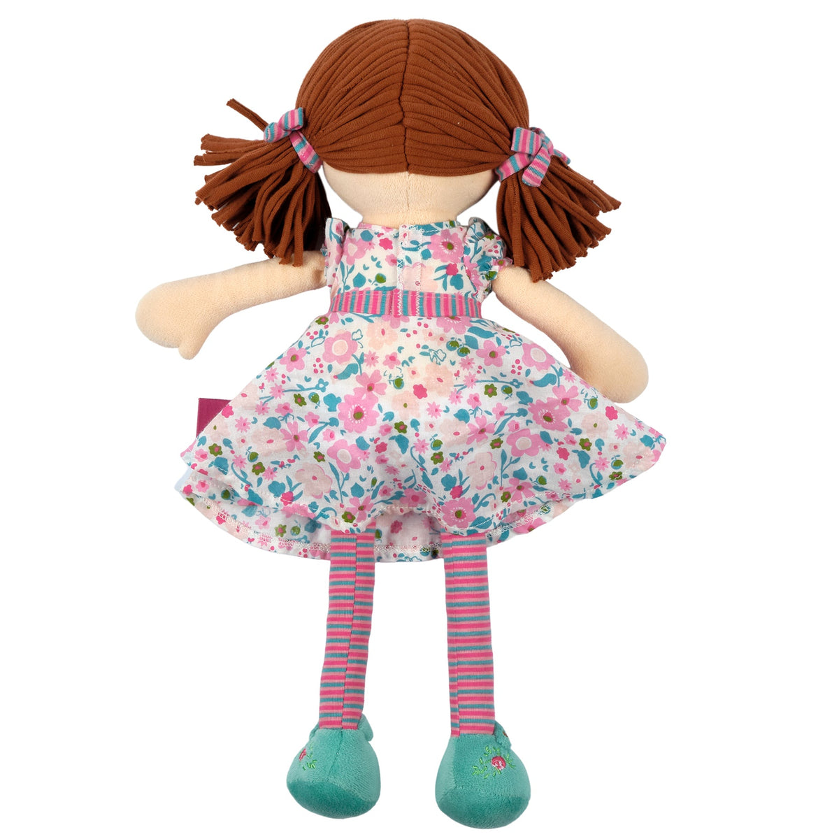 Poupée Rag Doll aux cheveux brun foncé en robe rose et vert d’eau
