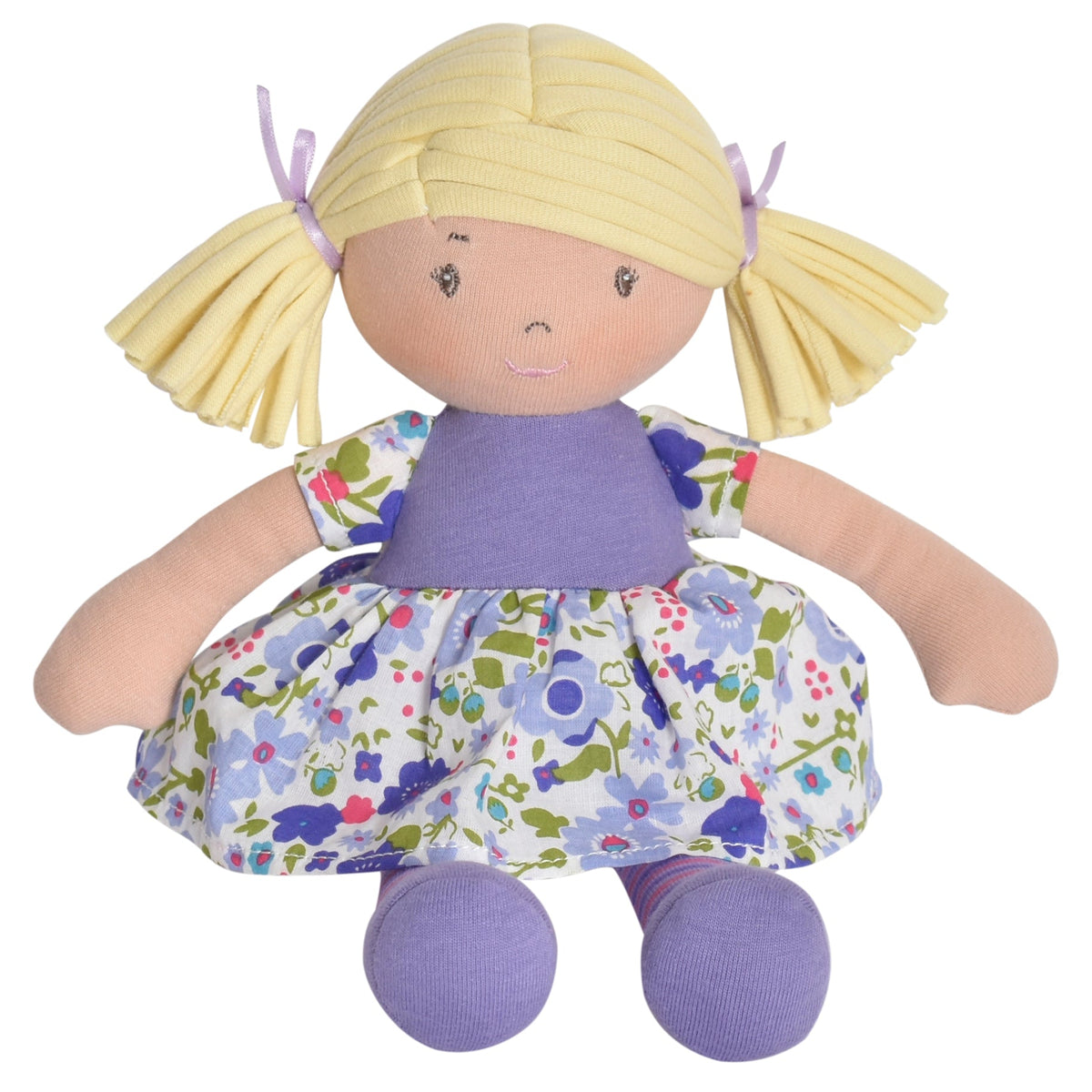 Poupée Rag Doll blonde en robe lilas et rose