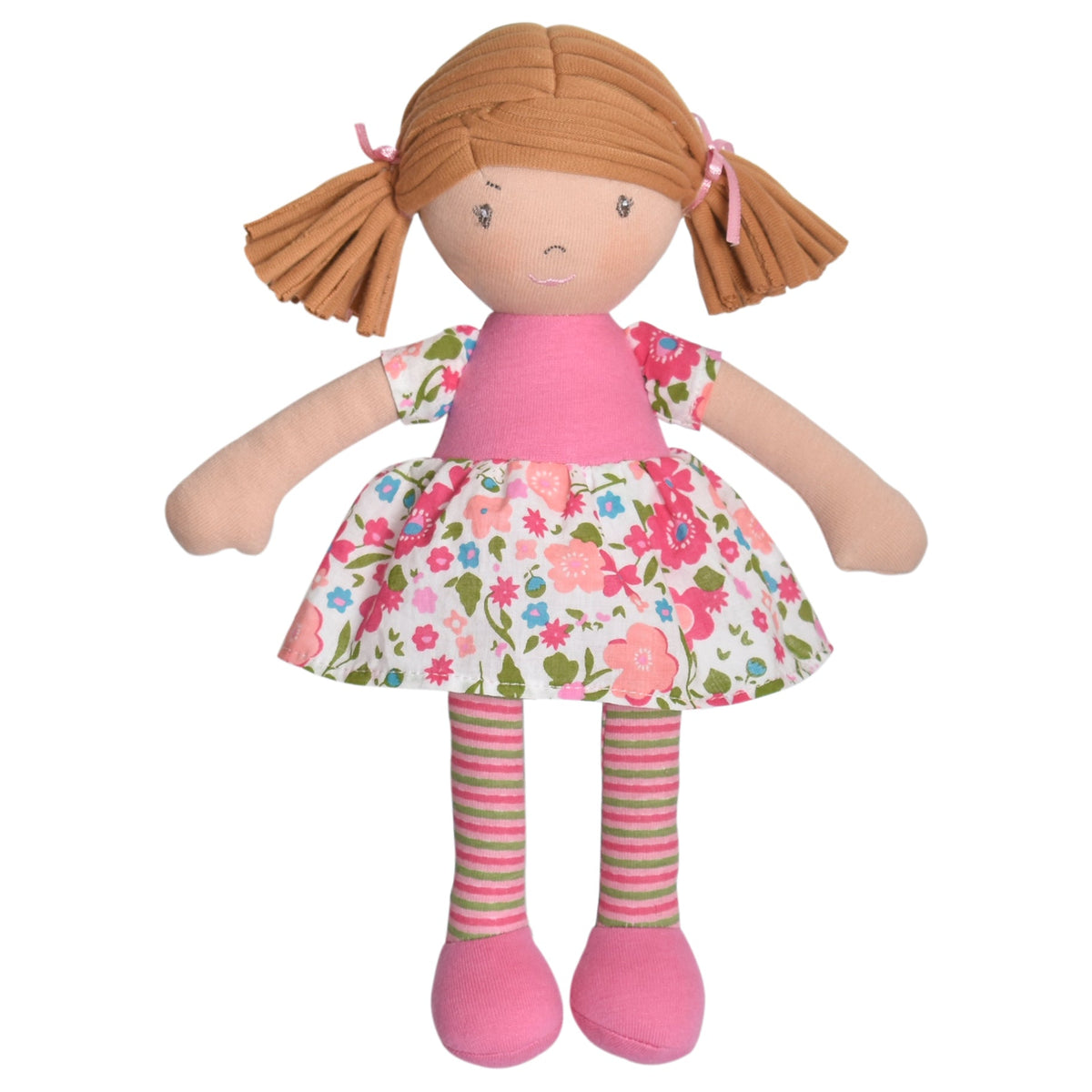 Poupée Rag Doll aux cheveux châtain clair en robe rose à fleurs