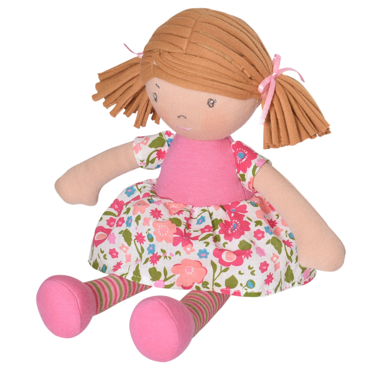 Poupée Rag Doll aux cheveux châtain clair en robe rose à fleurs