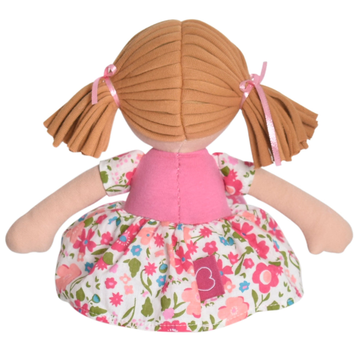 Poupée Rag Doll aux cheveux châtain clair en robe rose à fleurs