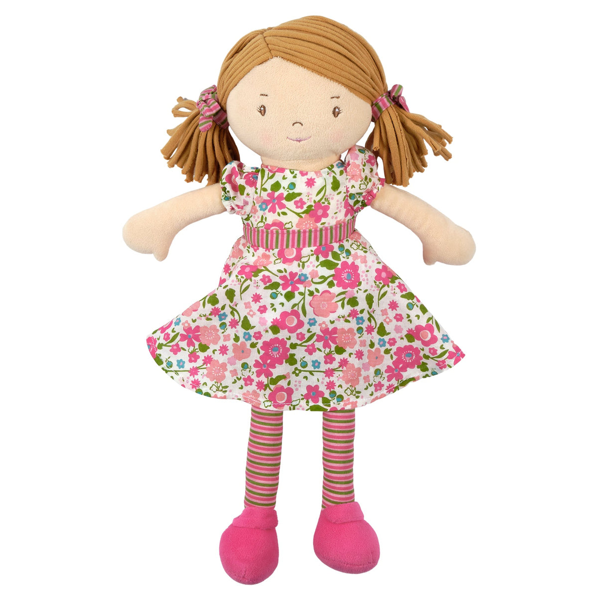 Hellbraunhaarige Rag-Doll-Puppe im dunkelrosa und grünen Kleid