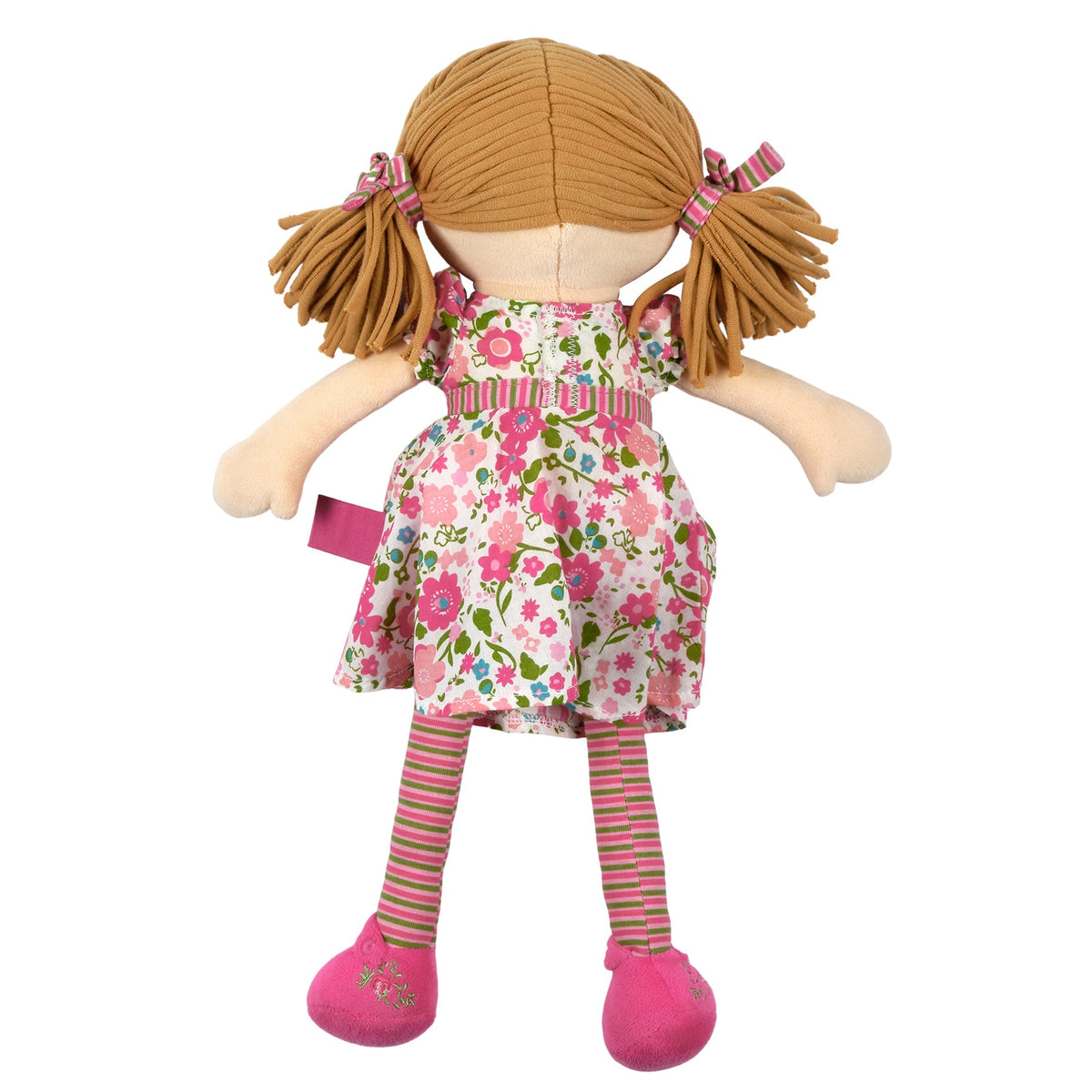 Hellbraunhaarige Rag-Doll-Puppe im dunkelrosa und grünen Kleid