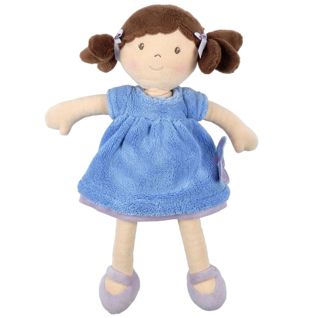 Poupée douce aux cheveux bruns, robe bleue et violette