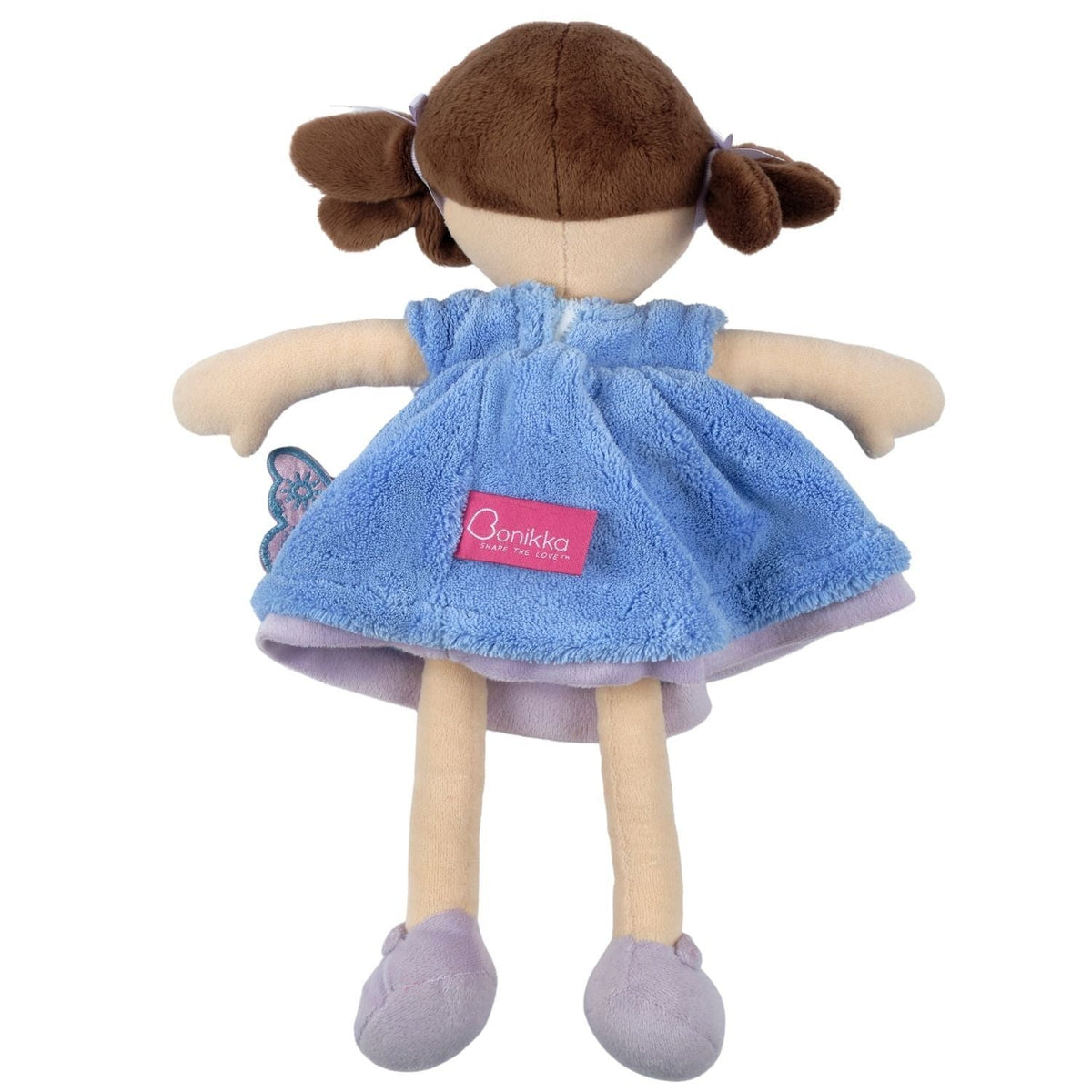 Poupée douce aux cheveux bruns, robe bleue et violette