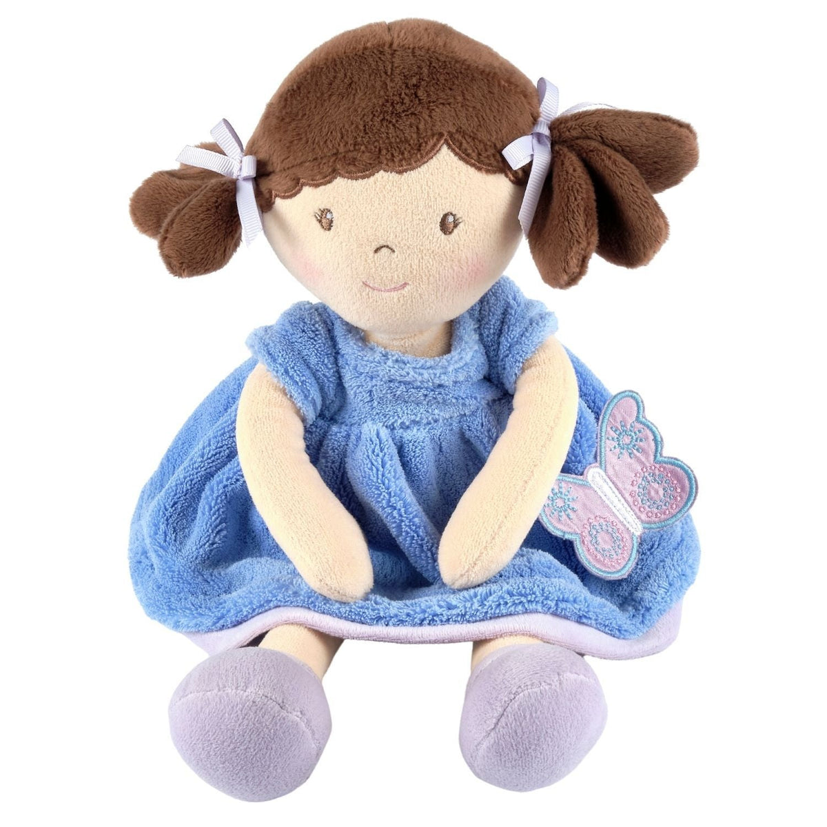 Poupée douce aux cheveux bruns, robe bleue et violette