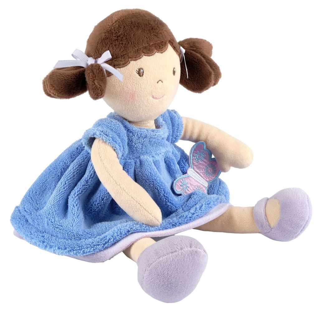 Poupée douce aux cheveux bruns, robe bleue et violette