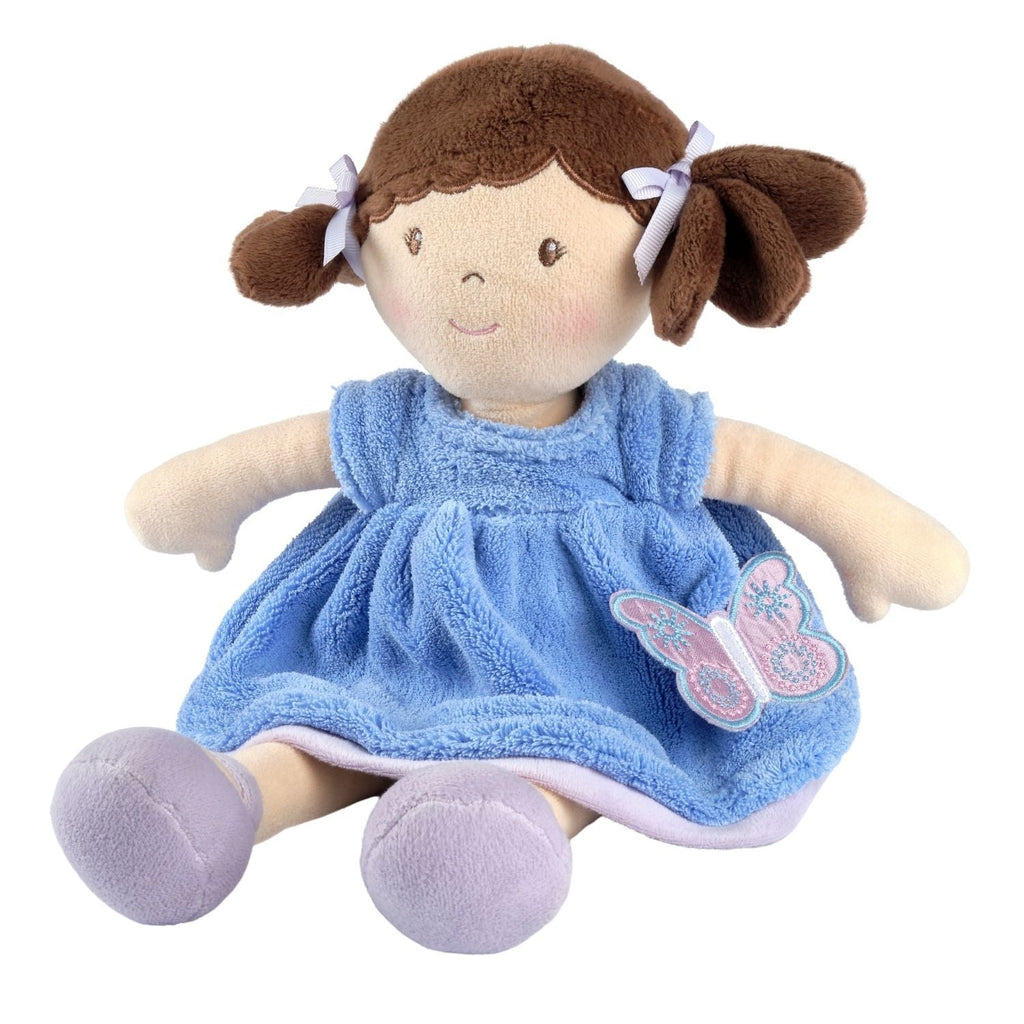 Poupée douce aux cheveux bruns, robe bleue et violette
