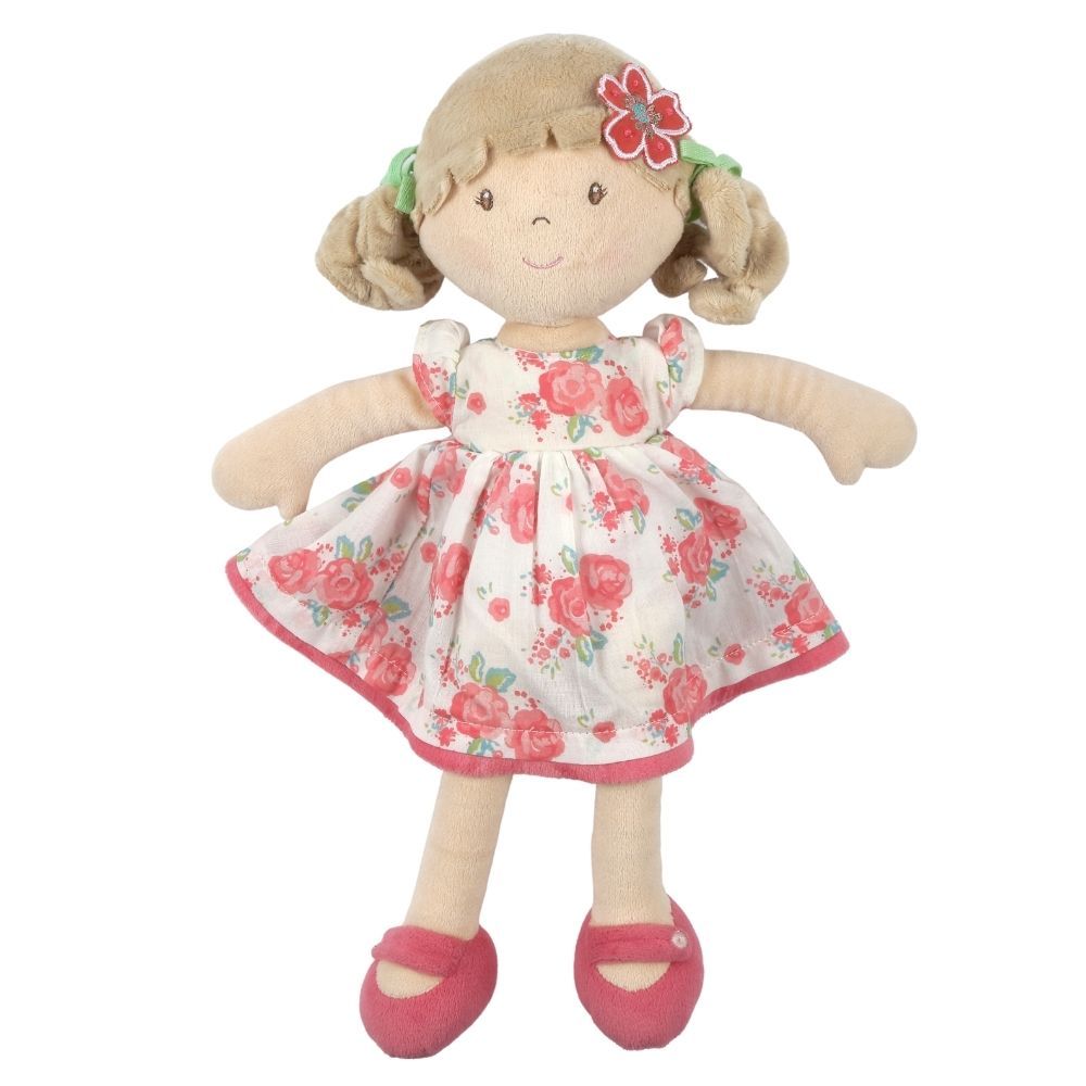 Poupée souple aux cheveux beige en robe rose à fleurs