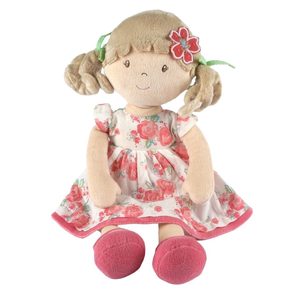 Poupée souple aux cheveux beige en robe rose à fleurs