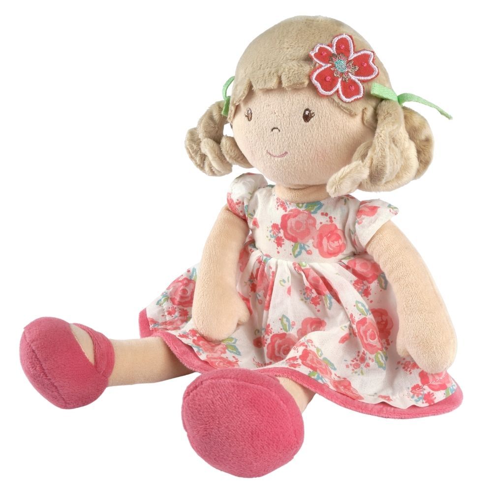 Poupée souple aux cheveux beige en robe rose à fleurs