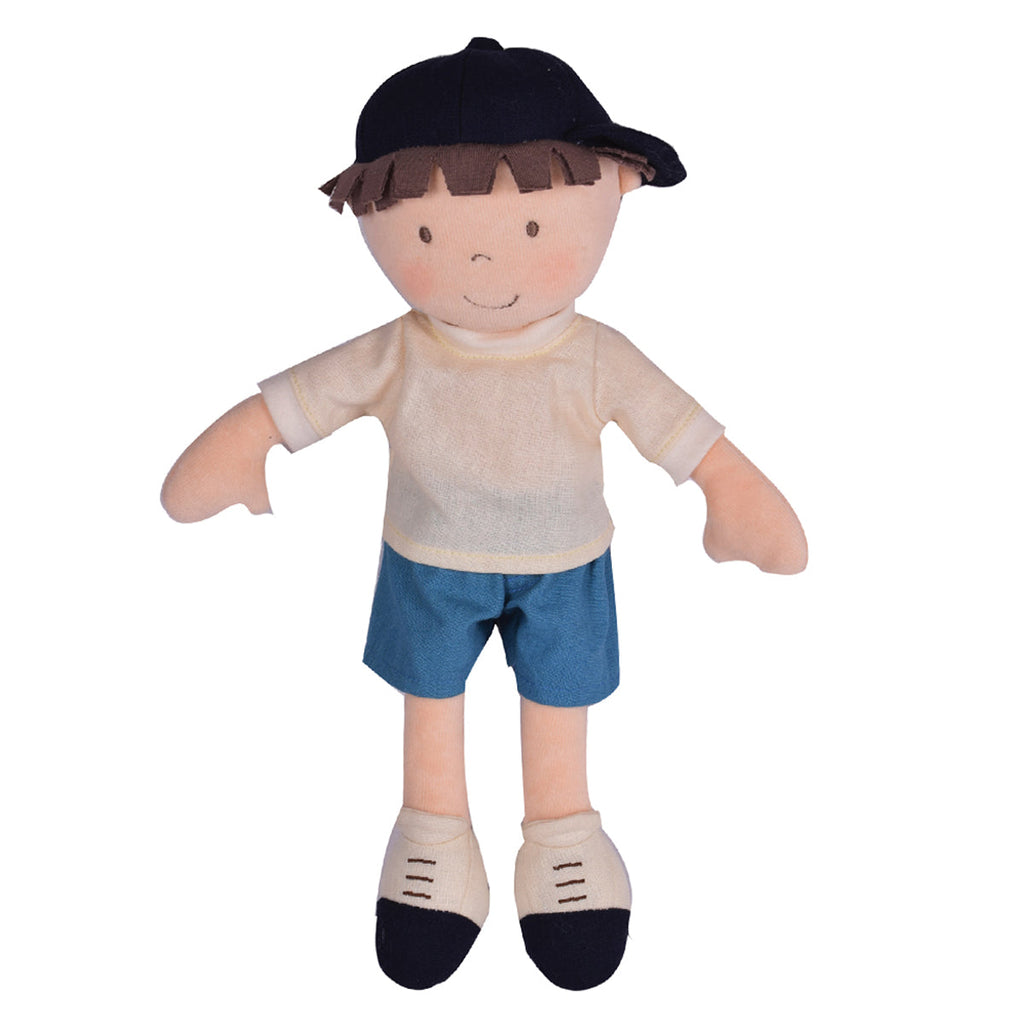 Weiche Stoffpuppe mit blauer Hose und Mütze