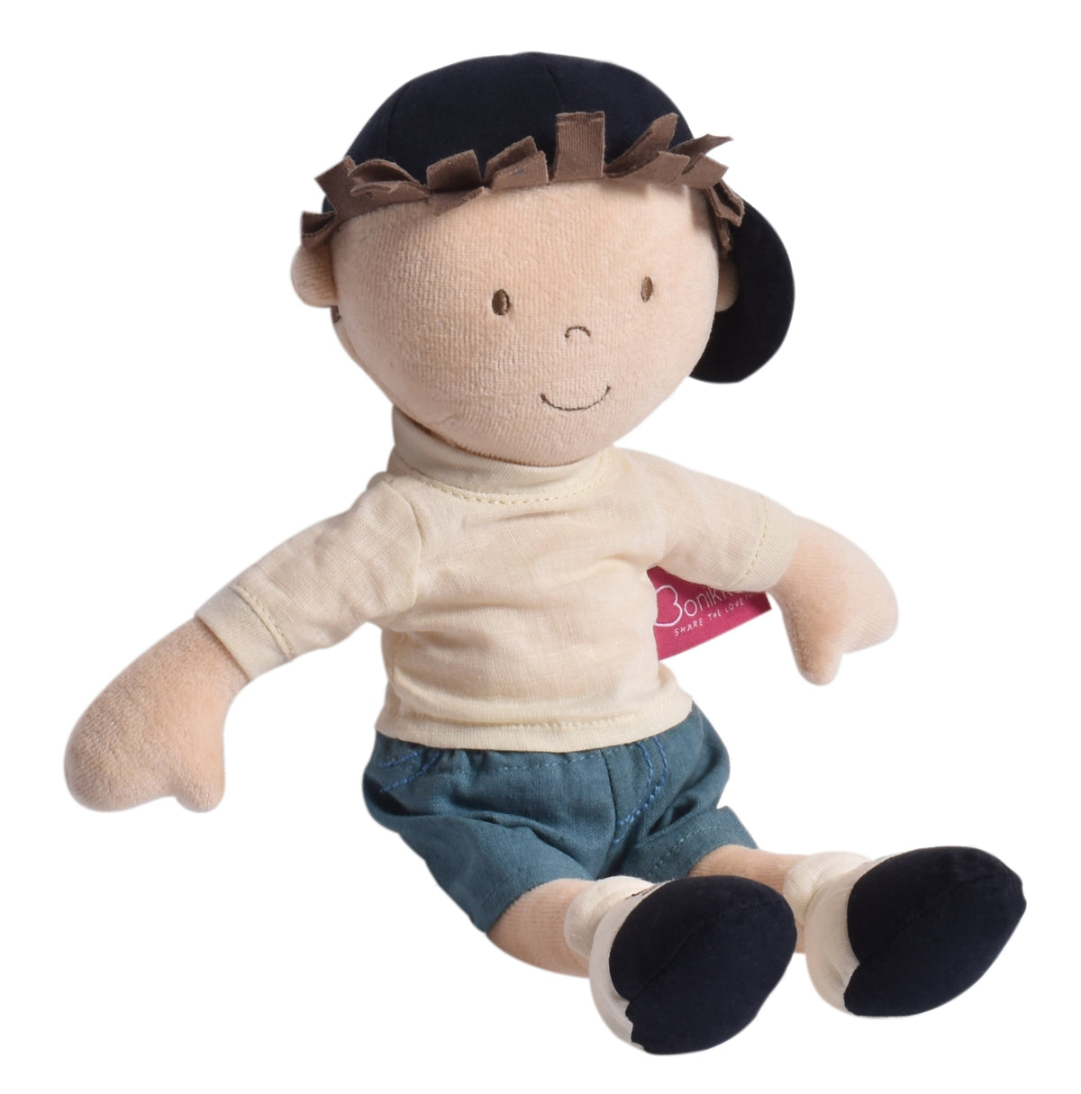 Poupée chiffon garçon en short et casquette bleus
