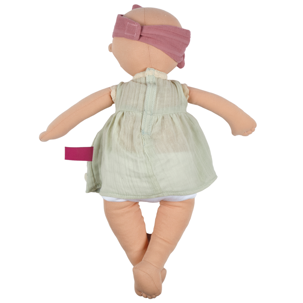 Weiche Bio-Baby-Puppe im blau bestickten Kleid