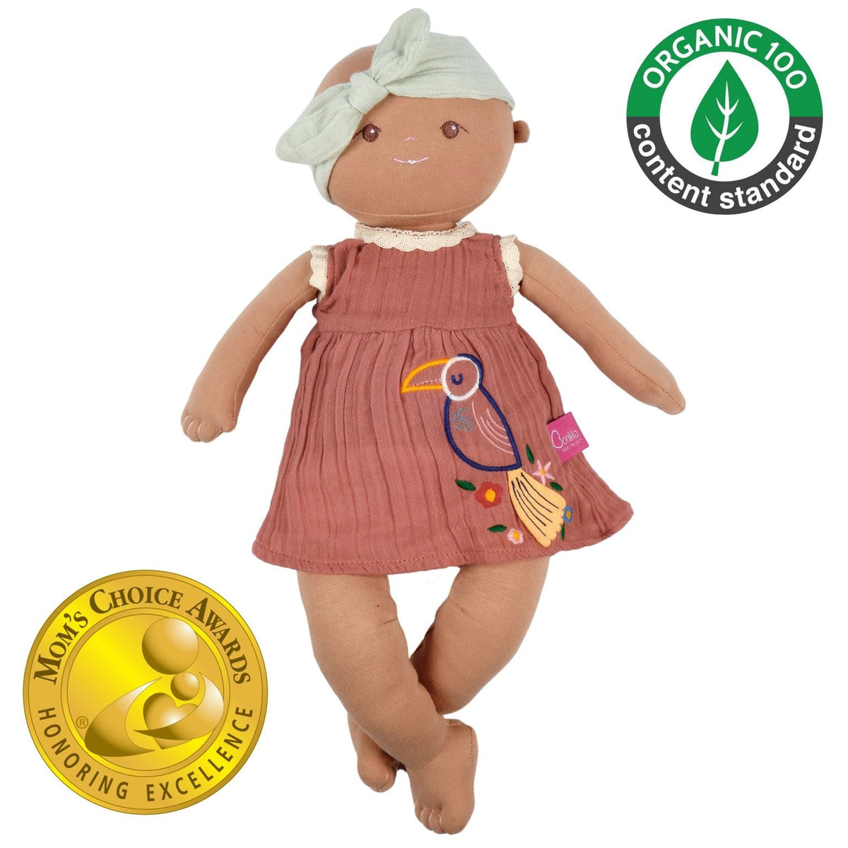 Poupée douce bio en robe rose brodée