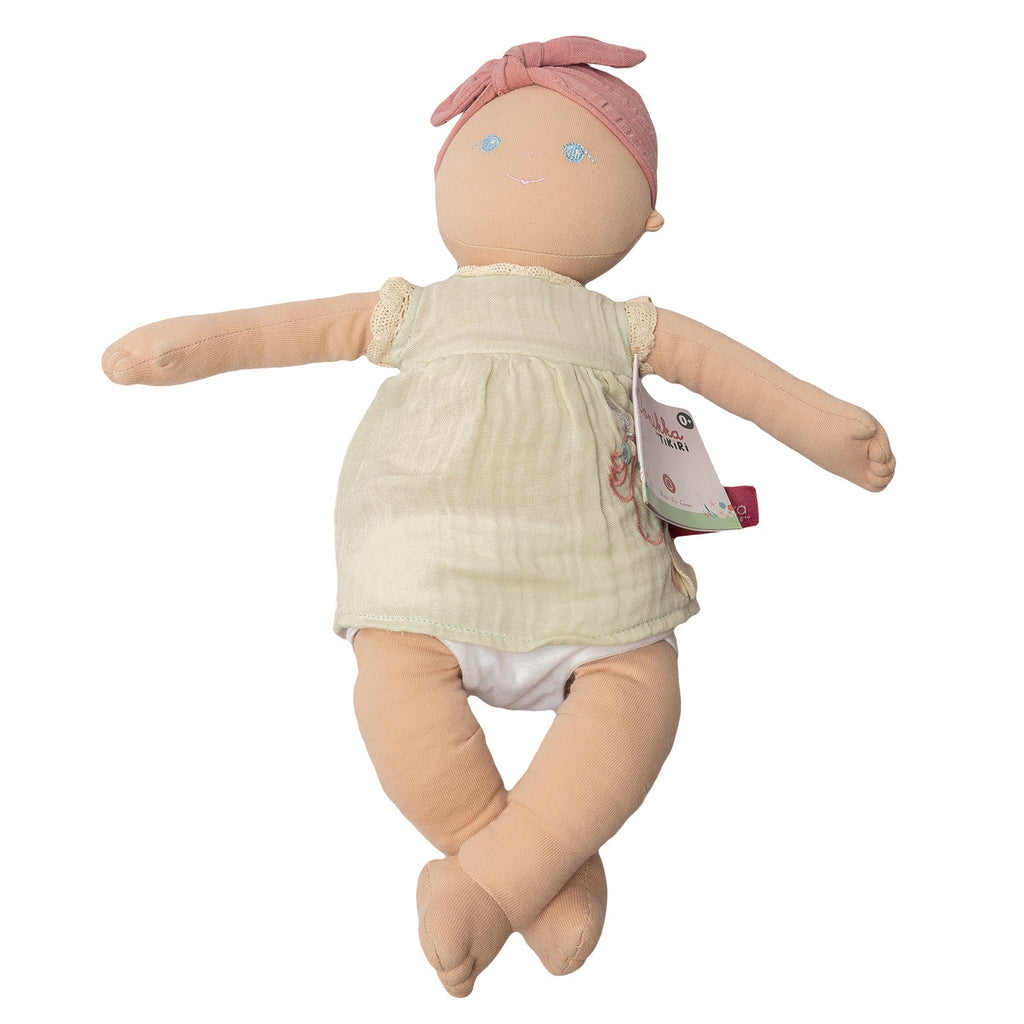 Weiche Bio-Baby-Puppe im blau bestickten Kleid