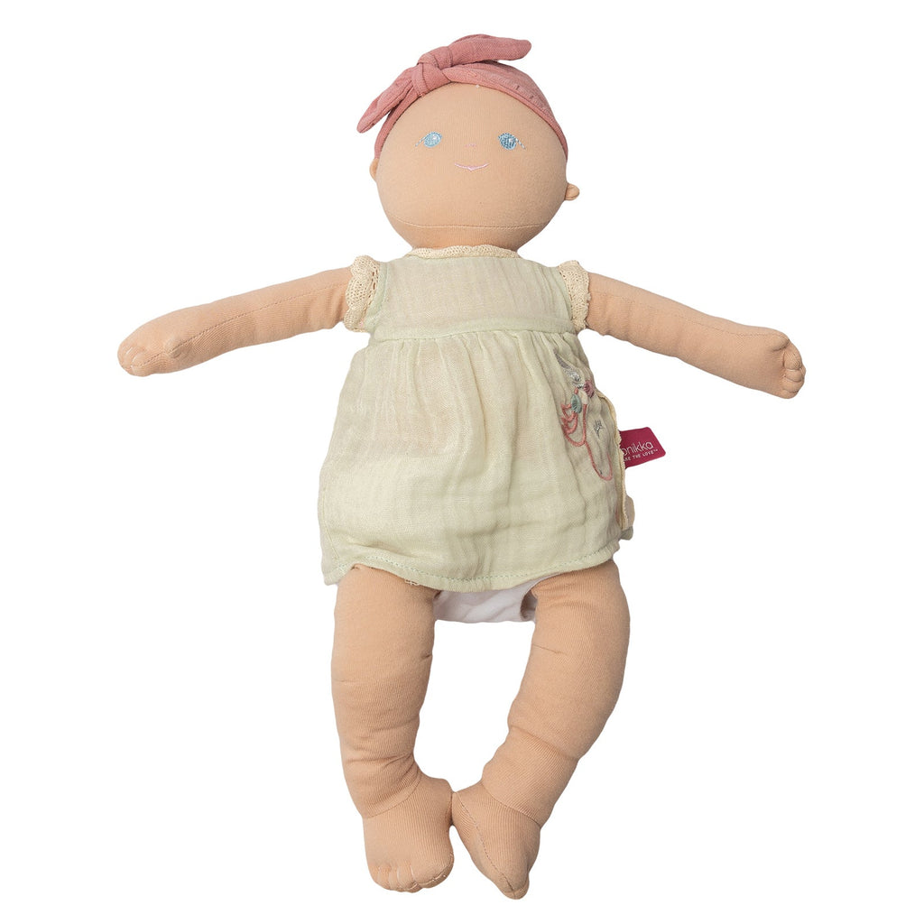Weiche Bio-Baby-Puppe im blau bestickten Kleid