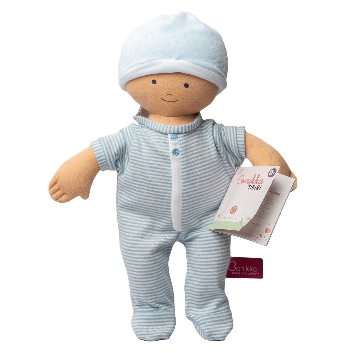Weiche Babypuppe für Jungen in blau gestreiftem Outfit