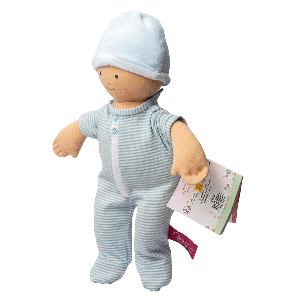 Weiche Babypuppe für Jungen in blau gestreiftem Outfit
