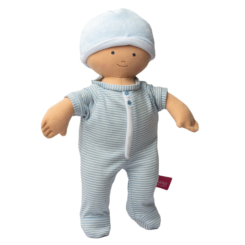 Weiche Babypuppe für Jungen in blau gestreiftem Outfit