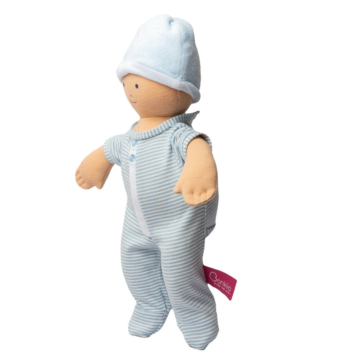 Weiche Babypuppe für Jungen in blau gestreiftem Outfit