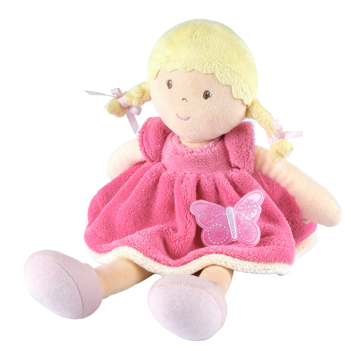 Poupée douce aux cheveux blonds en robe rose et blanche