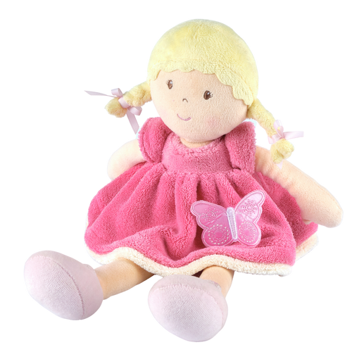 Weiche Puppe mit blondem Haar in rosa-weißem Kleid