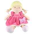 Poupée douce aux cheveux blonds en robe rose et blanche