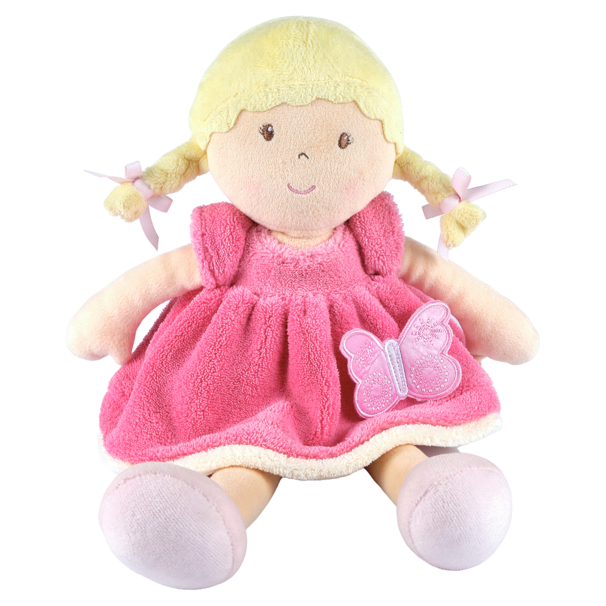 Poupée douce aux cheveux blonds en robe rose et blanche