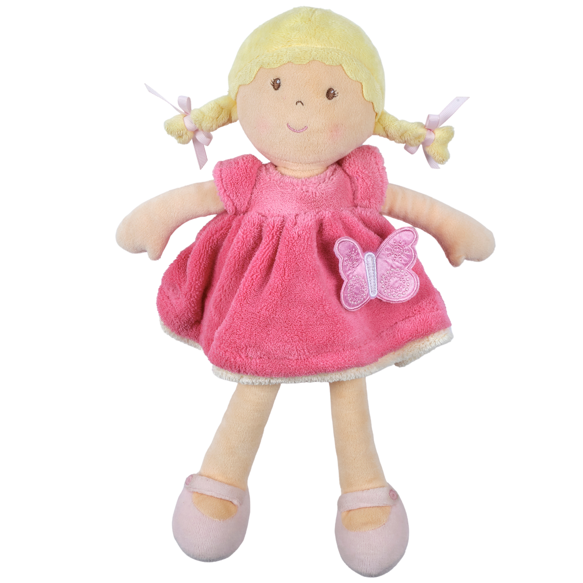 Poupée douce aux cheveux blonds en robe rose et blanche