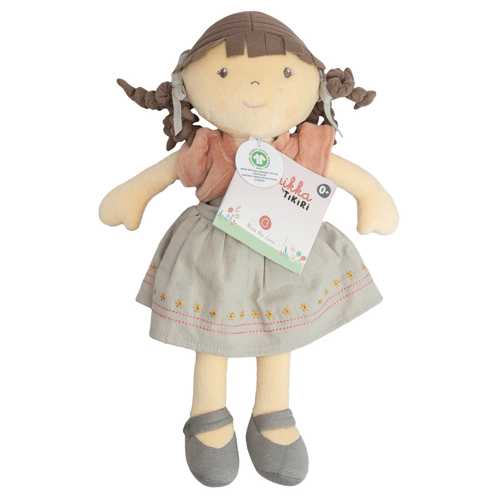 Bio-Rag-Doll mit braunem Haar und rosa Jacke