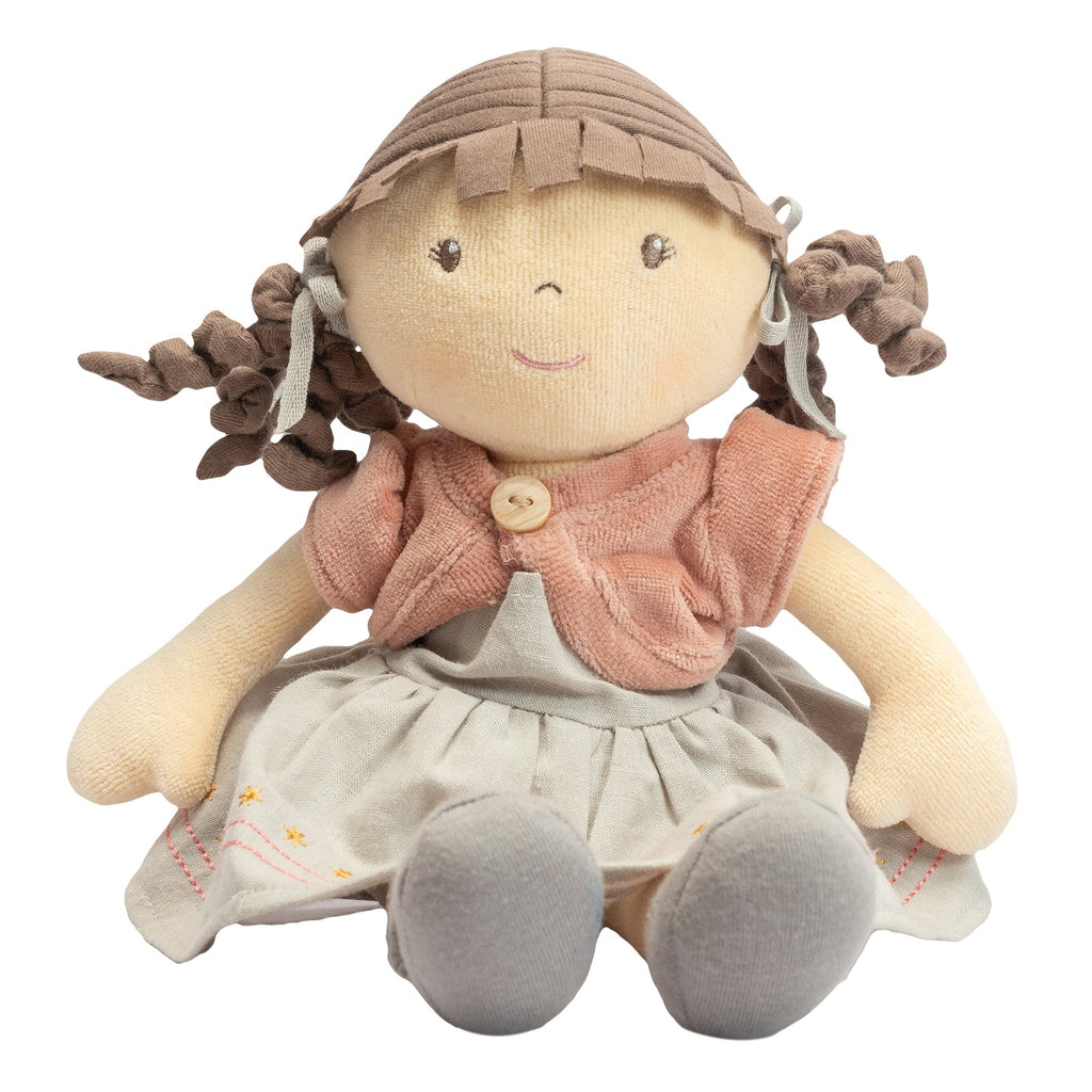 Bio-Rag-Doll mit braunem Haar und rosa Jacke
