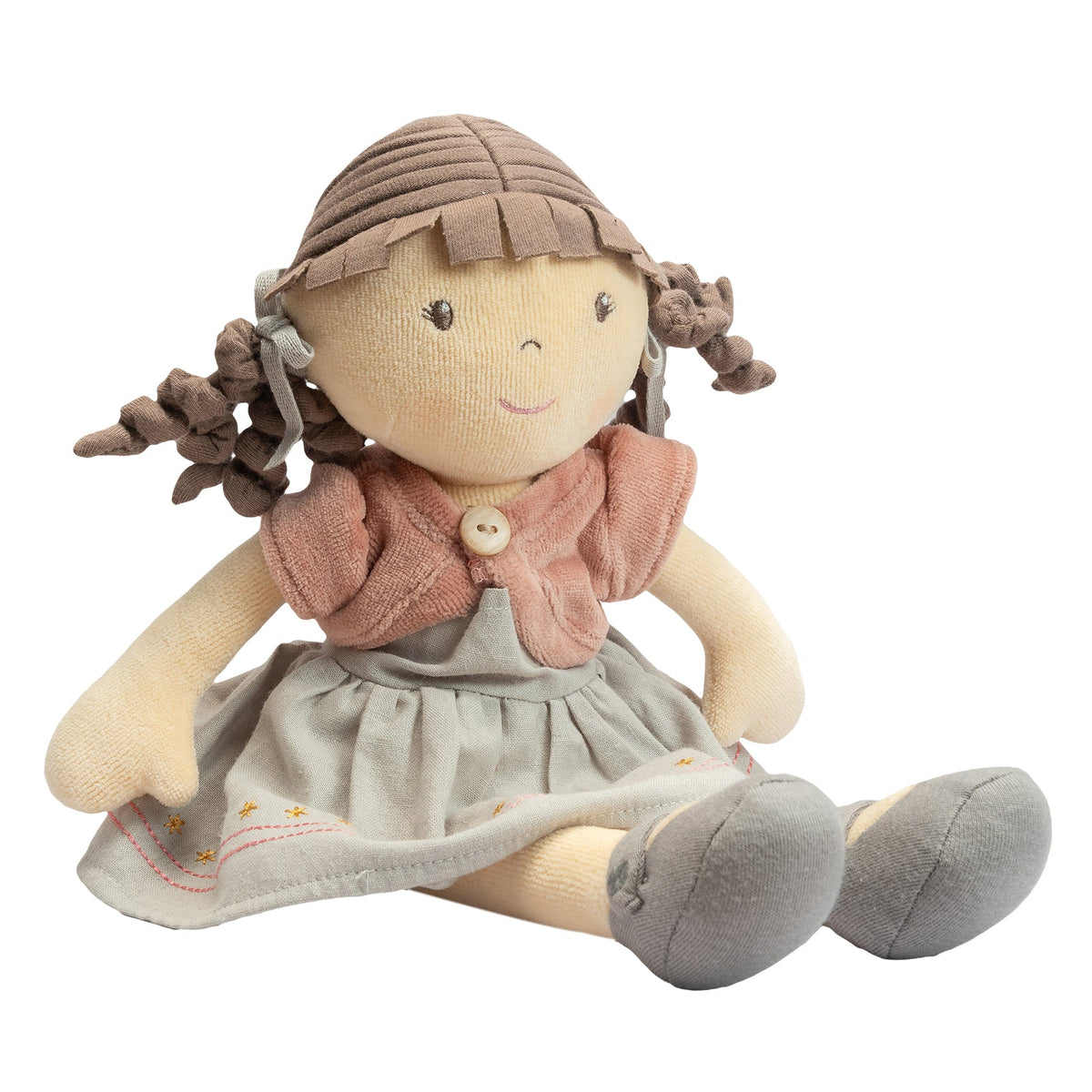 Bio-Rag-Doll mit braunem Haar und rosa Jacke