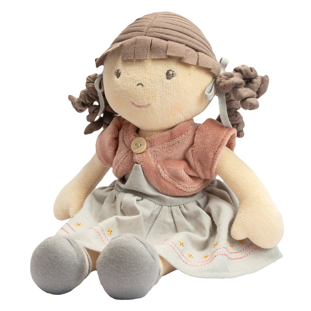 Bio-Rag-Doll mit braunem Haar und rosa Jacke