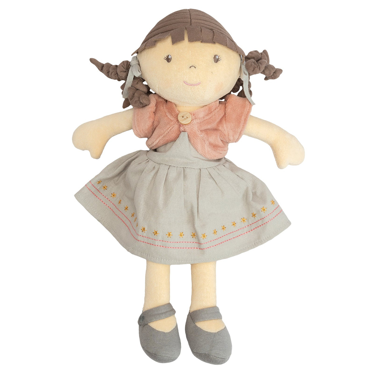 Bio-Rag-Doll mit braunem Haar und rosa Jacke